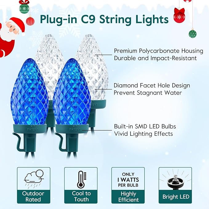 Brightown C9 LED Christmas Lights Outdoor, 33ft 50 LED Waterproof Strawberry String Lights, Extendable Green Wire Lights String for Outdoor Indoor Patio Party Decoration, Blue and White