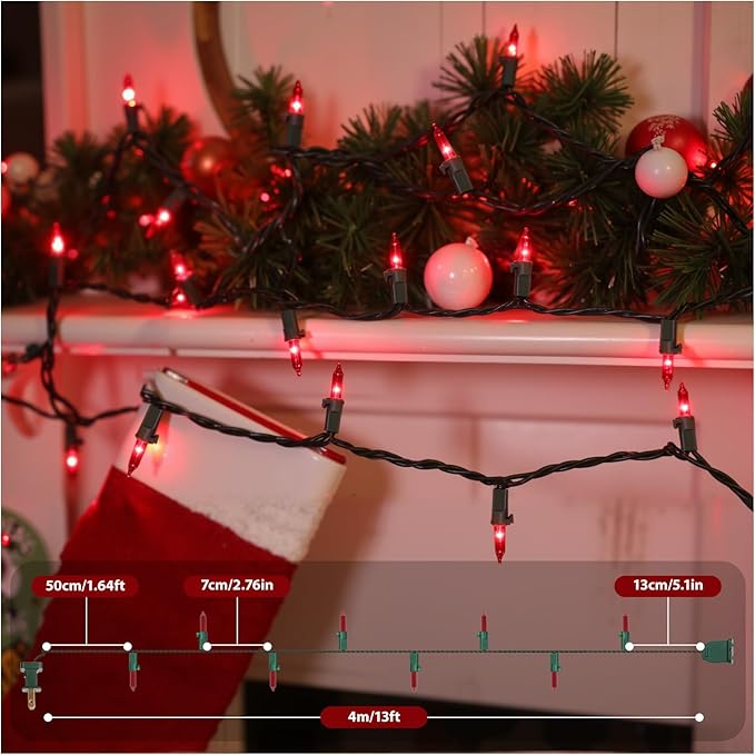 Red Christmas Lights, 13FT 50 Count Incandescent Mini String Lights with Green Wire, UL Certified Connectable Valentine's Day Lights for Indoor Outdoor Garland Party Xmas Holiday