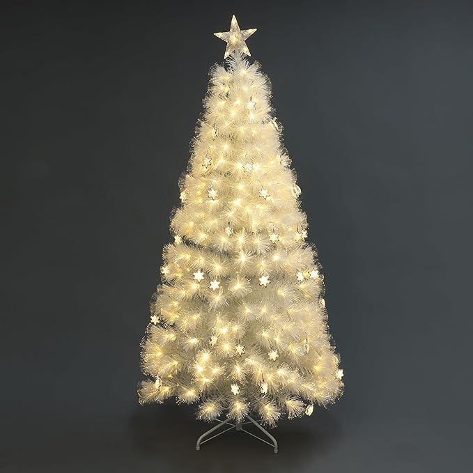 LuxenHome 6FT White Christmas Tree, 13 Lighting Funtions Artificial Fiber Optic Christmas Tree with 227 LED Lights, 432 PVC and Bristle Tips, Plug-in White Xmas Trees for Living Room, Entryway Decor