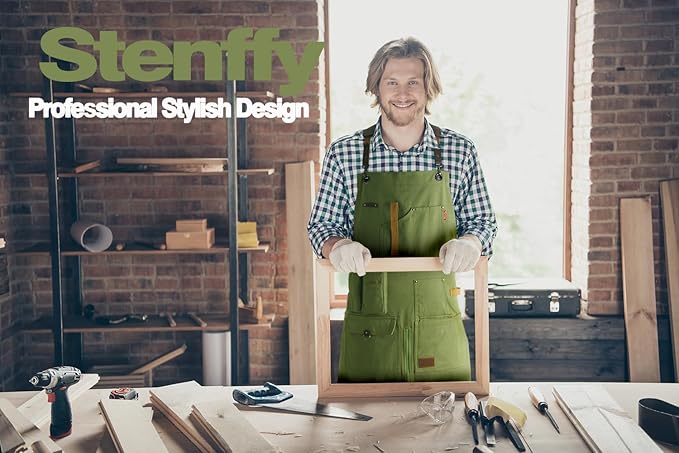 Woodworking Apron, Tool Apron, Canvas, Multiple Pockets, Adjustable Zipper, Metal Ring, Tape Measure Clip, Plus Size, Olive