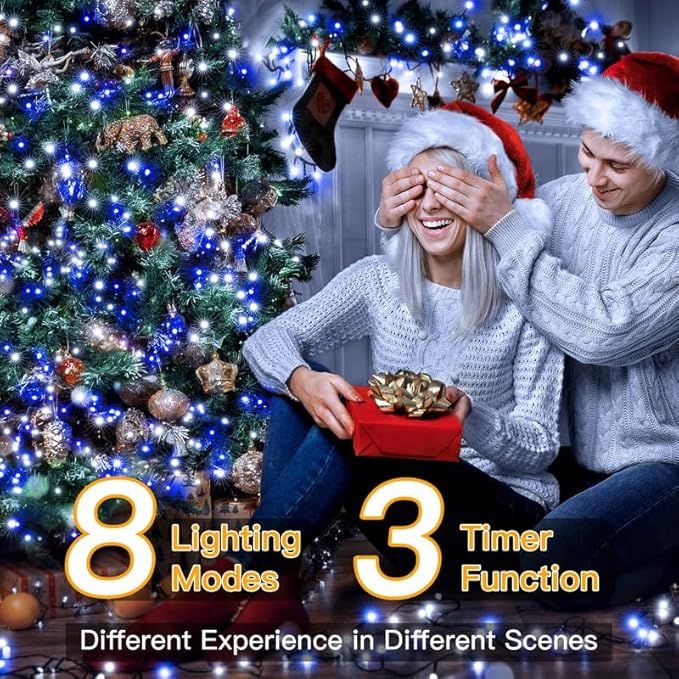 Ollny Christmas Lights, 500LED 164FT Long Christmas Tree Lights with 8 Modes Remote Timer IP44 Waterproof, Outdoor Christmas Lights for Tree House Yard Outside Xmas Decorations (Blue+White)