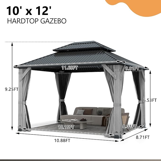 10'x12' Hardtop Wood Gazebo, Outdoor Double Roof Galvanized Steel Top Gazebo with Wooden Post, Curtains & Netting for Backyard, Patio, Deck (10x12 FT)