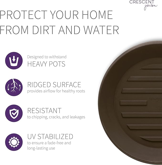 Crescent Garden Universal Round Planter Saucer – Heavy-Duty Drainage Tray for Indoor & Outdoor Use – Fits Pots with 11" Base (15" Total Outer Diameter) - Bark Brown