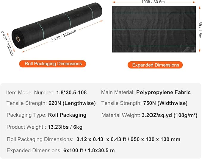 VEVOR Weed Barrier Landscape Fabric, 6*100FT Heavy Duty Garden Weed Fabric, Woven PP Weed Control Fabric, Driveway Fabric, Geotextile Fabric for Landscaping, Ground Cover, Weed Blocker Weed Mat, Black