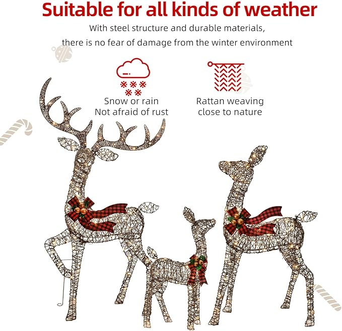 Outdoor Christmas Decorations Rattan Reindeer Family - Light Up Rattan Deer 3 Set with 210 LED Lights - Outside Yard Decor Kit Including Lighted 3-Piece Deer, Stakes - Brown