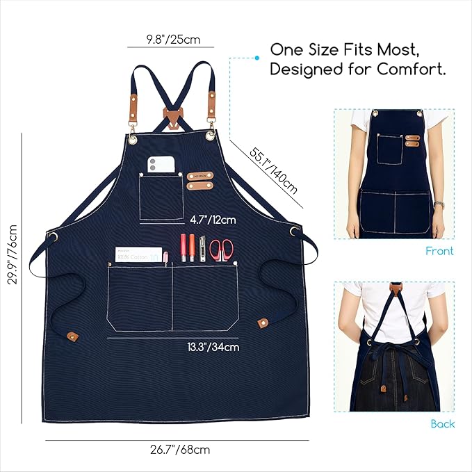 MEEDEN Painting Apron for Men Women: Adjustable Cross Back Waterproof Polyester Canvas Art Apron with 3 Pockets - Artist Apron for Acrylic Oil & Watercolor Painting, Gardening, Cooking - Navy