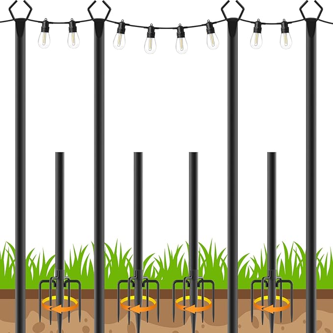 4 Pack 10 FT String Light Poles,Metal with Fork Lights Poles for Outdoor String Light, Rustproof Heavy Duty for Outside Garden,Patio,Wedding,Backyard,Deck,Party