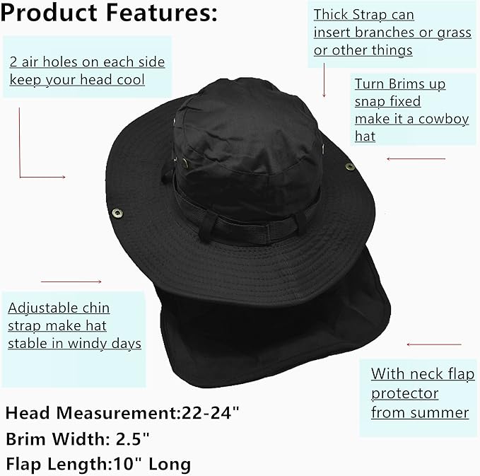 Glory Max Bucket Boonie Hat with Neck Flap Cover Sun Safari Wide Brim Fishing Garden Hiking Cap
