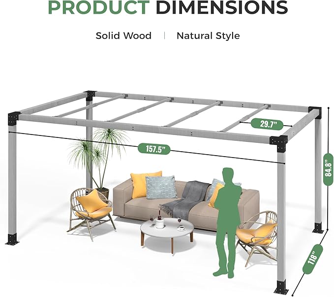 10' x 13' Wood Pergola Outdoor, Wooden Pergola Grape with Stable Structure for Climbing Plant Support, Painted Wood Frame for Garden Porch Beach with Expansion Screws Included, Grey