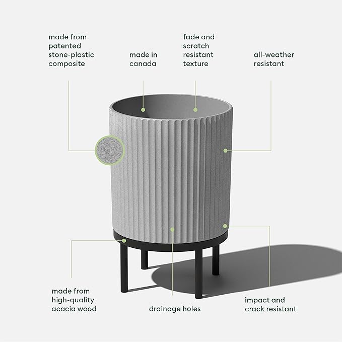 Veradek Demi Series Round Planter w/Stand for Porch/Patio | Durable Plastic-Stone Composite & Wooden Stand | Modern Décor for Tall Plants, Flowers