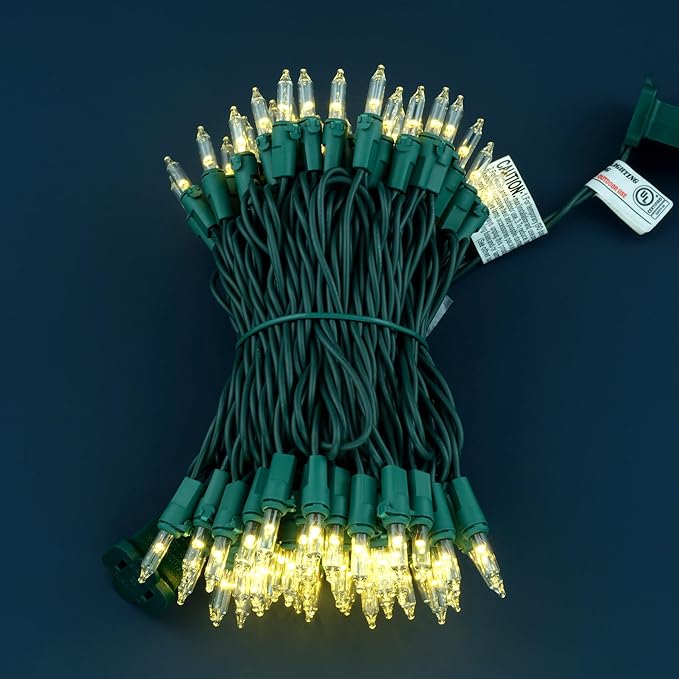 YULETIME 100 Count Clear Warm White Christmas Lights, 33 Feet Green Wire UL Certified Incandescent-Like LED Mini String Lights