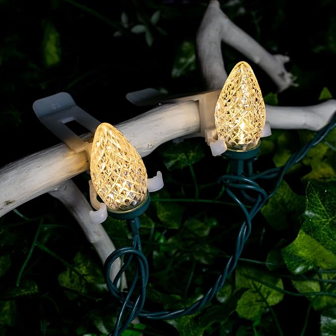 C9 Led Christmas String Lights 68Ft 100 LED with All in One Clips Outdoor Waterproof Strawberry Roof Lights, Commercial Grade Extendable for Indoor Outside Roofline Home Xmas Decoration, Warm White