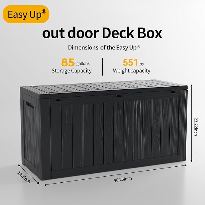 EasyUp 85 Gallon Deck Box Waterproof, Outdoor Storage Box Lockable for Patio Cushions, Garden Tools Accessories with Hydraulic Rod, UV-Resistant and Durable for Patio, Garden Use