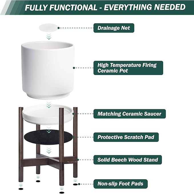 D'vine Dev Ceramic Planter with Walnut Color Stand - 12 Inch Modern Round Flower Pot with Wood Planter Holder, White, 55-B-W-1