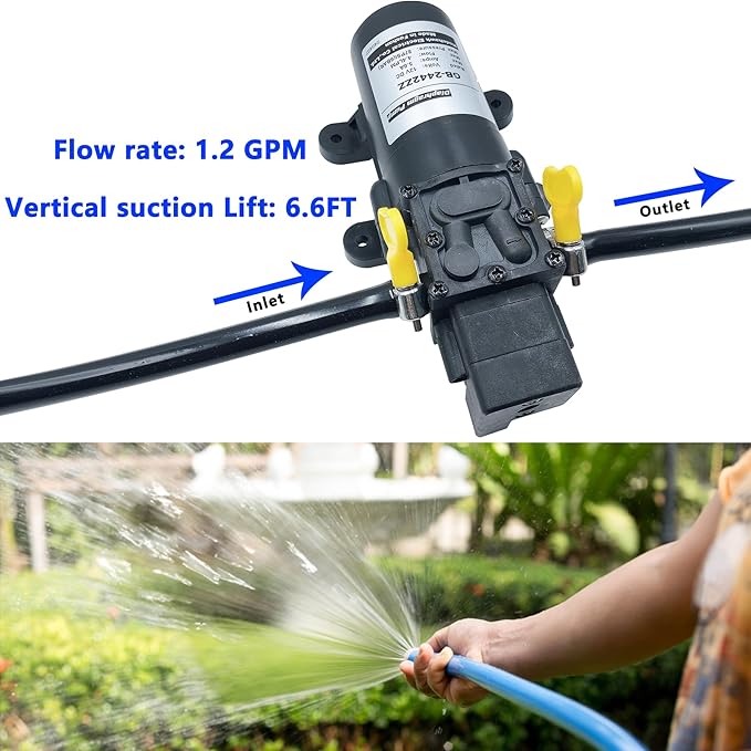 DC 12V Diaphragm Pump, Self-Priming Sprayer Pump, 1.2 GPM 87 PSI Pressure Switch Adjustable water pump, With 2 hose clamps, for RV Camping Shower Garden Irrigation