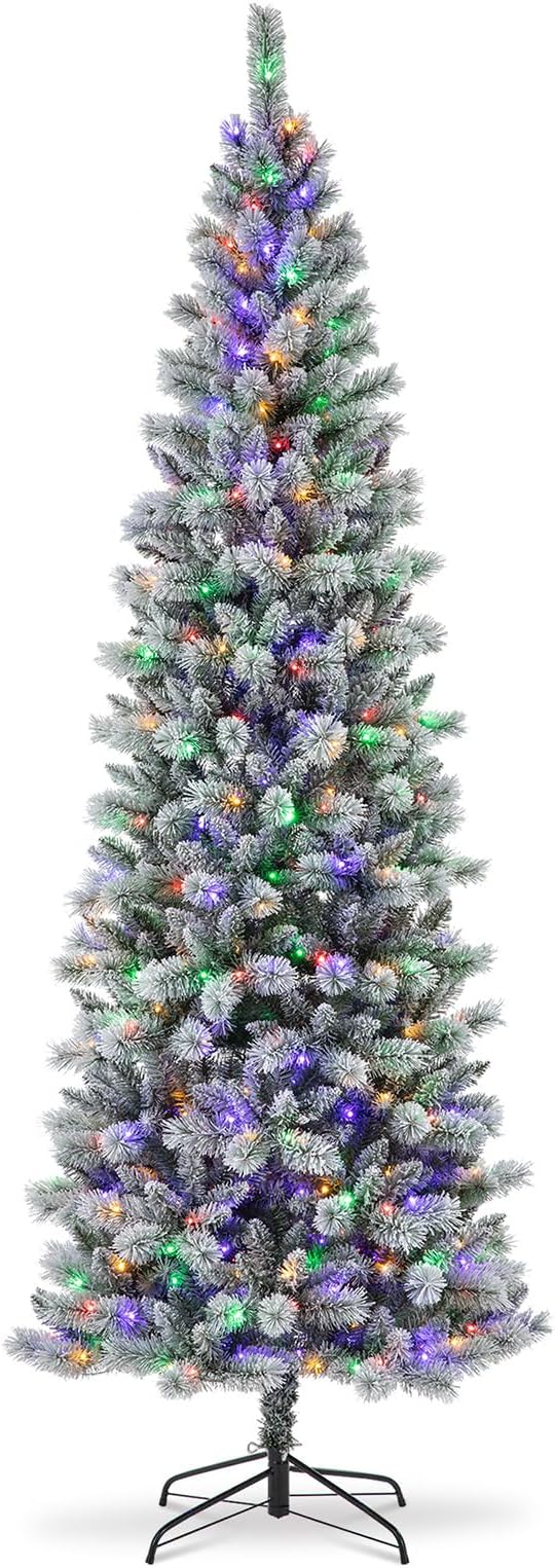 Glitzhome 9ft Pre-Lit Flocked Artificial Christmas Tree, Portland Snowy Pine Pencil Christmas Tree with 450 LED Lights, 9 Functional Warm White/Multi-Color, Remote Controller
