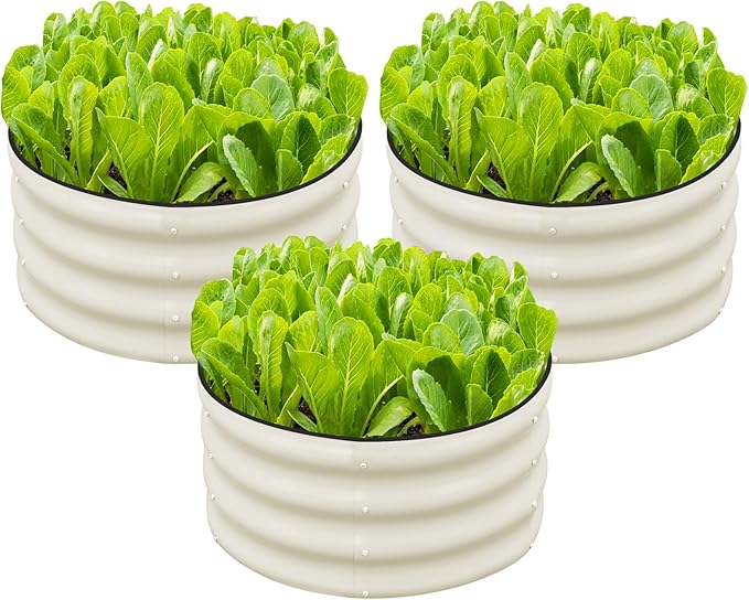 SnugNiture 3 Pcs 2x2x1ft Round Galvanized Raised Garden Bed Kit Outdoor, Metal Planter Box for Planting Plants Vegetables, White