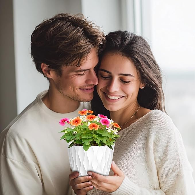 7/6.5/6/5.5/5/4.5/4 inch Plant Pots for Indoor Outdoor Plants, 7 Pack Thick Flower Pots with Drainage Holes and Saucers, Modern Wave Texture Plastic Planter Pots for Nursery, Succulent, White