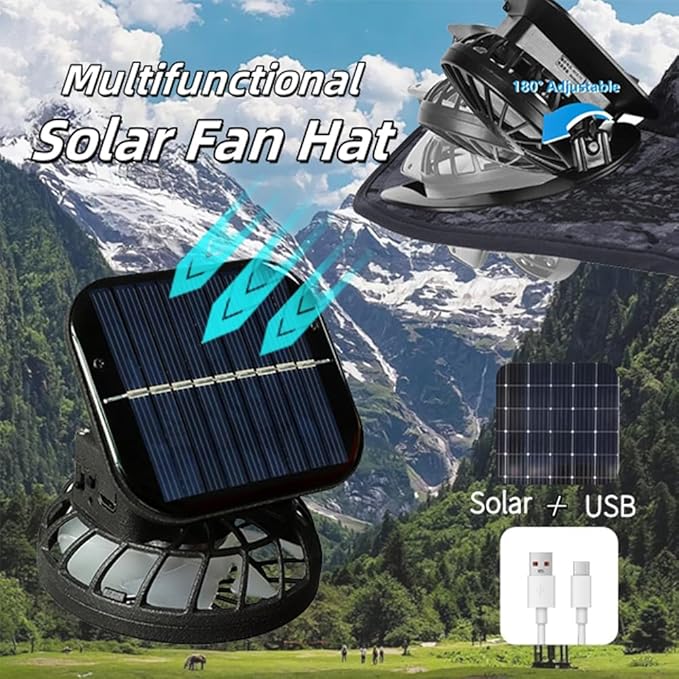 Solar Fan Hat Wide Brim Fishing Hat with 2 Solar Fan & USB Charging Sombrero para el Sol Hombre Outdoor Hiking Hat for Adult