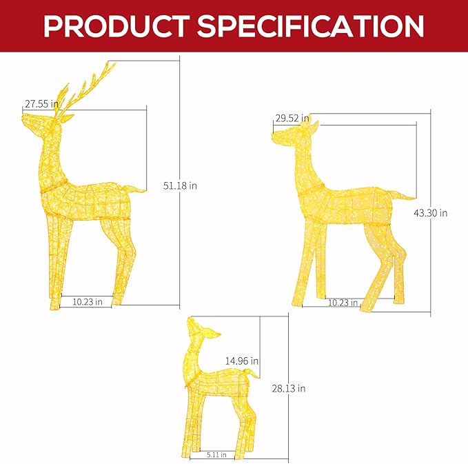 Hykolity 4.5 FT 3D Lighted Outdoor Christmas Reindeers Family, 3-Piece Light Up Twinkling Deer Set with 1660 Warm White LED Lights, Groud Stakes, Zip Ties for Holiday Decorations