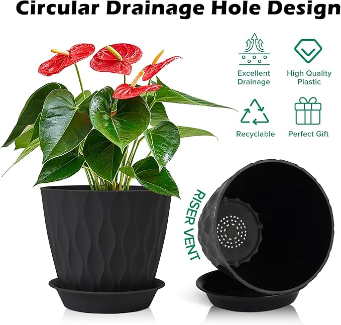 GARDIFE 7/6.5/6/5.5/5/4.5/4 inch Plant Pots, 7 Pack Flower Pots Indoor Outdoor, Planters with Drainage Holes and Tray Saucers (Black)