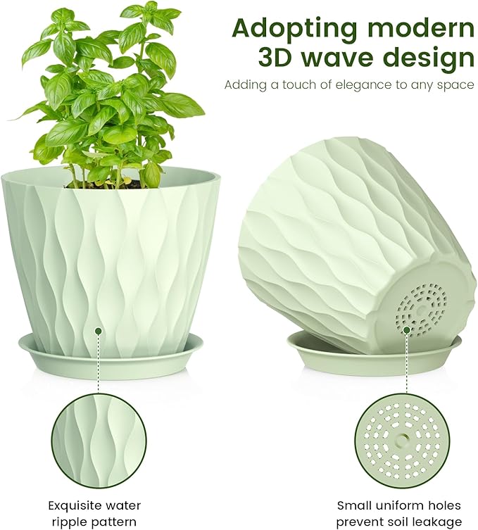 7/6.5/6/5.5/5/4.5/4 inch Plant Pots for Indoor Outdoor Plants, 7 Pack Thick Flower Pots with Drainage Holes and Saucers, Modern Wave Texture Plastic Planter Pots for Nursery, Succulent, Green