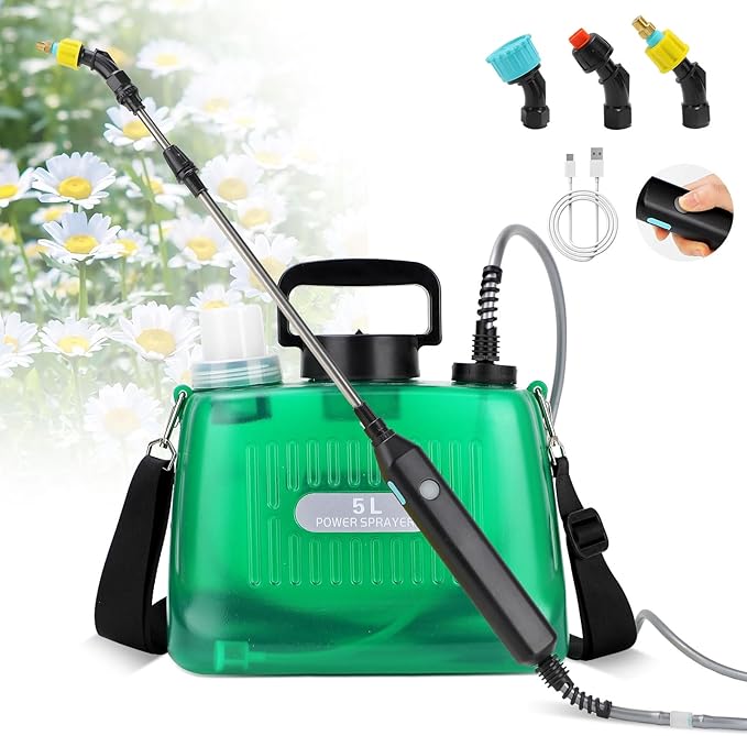 Pump Sprayer 1 Gallon Battery Powered Sprayer 1 Gallon, Upgrade Powerful with 3 Mist Nozzles, Rechargeable Handle, Retractable Wand, Sprayer with Adjustable Shoulder Strap for Garden,Lawn,Cleaning