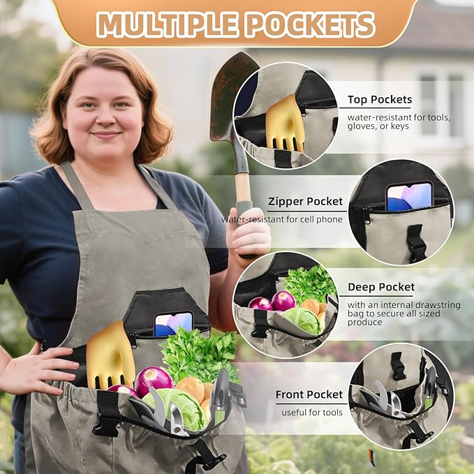 Gardening Apron with Pockets for Women/Man, Canvas Apron with Waterproof Harvest Pouch and Adjustable Straps