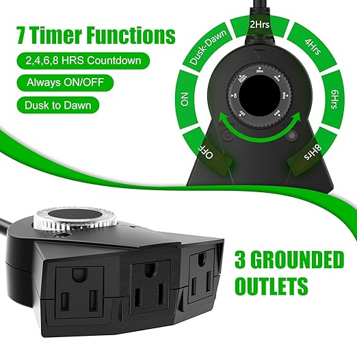 Outdoor Light Timer Waterproof, 24 Hours Plug in Timer with 2, 4, 6 or 8 Hours Countdown Mode, 3 Grounded Dusk to Dawn Electrical Outlet for Outdoor Backyard Garden Patio Lights Christmas Decorations