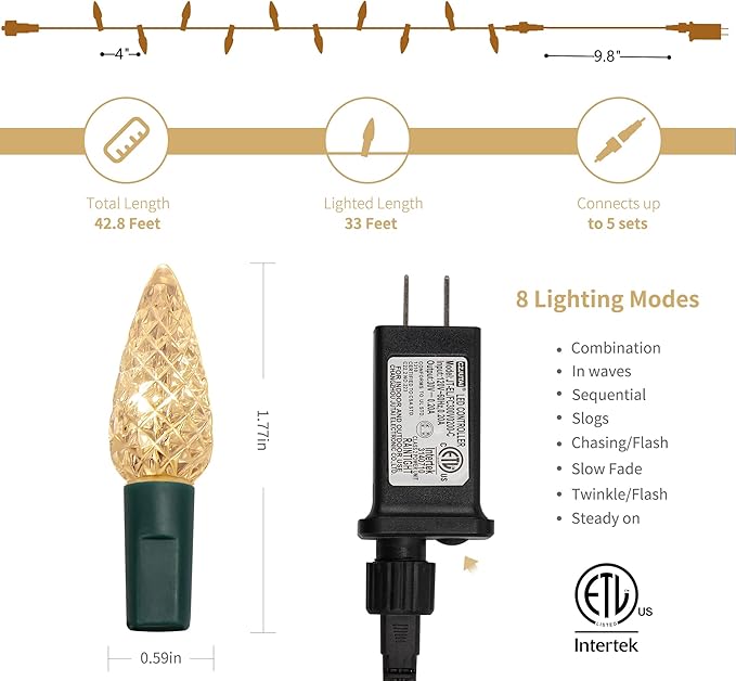 WATERGLIDE C6 Christmas Lights, 33ft 100 LED Faceted String Lights Green Wire Fairy Lights with 29V Safe Adaptor, 8 Lighting Mode, Waterproof for Indoor Outdoor Patio Xmas Tree Party Decor, Warm White