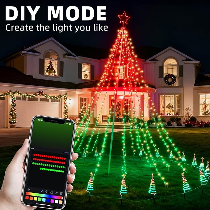 12FT 740LEDs Smart Outdoor Christmas Tree Lights With Sturdy Iron Pole, App Control DIY Color Changing, Music Sync, Timer, 100+ Modes Waterproof Large Star Waterfall Light for Outside Yard Lawn Decor
