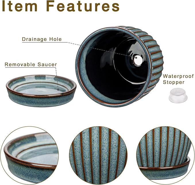 Oairse Ceramic Pots for Indoor Plants, 4.9 +5.7 inch Pots for Plants Set of 2 Marble Blue Plant Pots with Drainage Holes and Saucers Texture Ceramic Planters Indoor Outdoor Flower Pots for Succulent