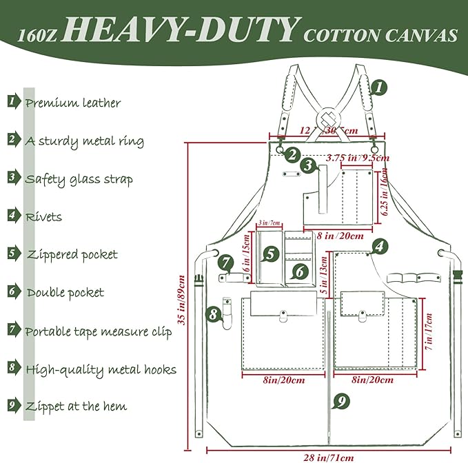 Woodworking Apron, Tool Apron, Canvas, Multiple Pockets, Adjustable Zipper, Metal Ring, Tape Measure Clip, Plus Size, Olive