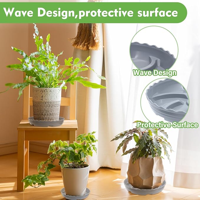 6 Pack 10 Inch Plant Trays for Pots, Raised Ridge Plant Saucers,6 8 12 14 Inch Durable Plastic Plant Pot Saucer,Gray Round Plant Water Catcher Tray for Indoors and Outdoors(Gray, 10‘’6pack)