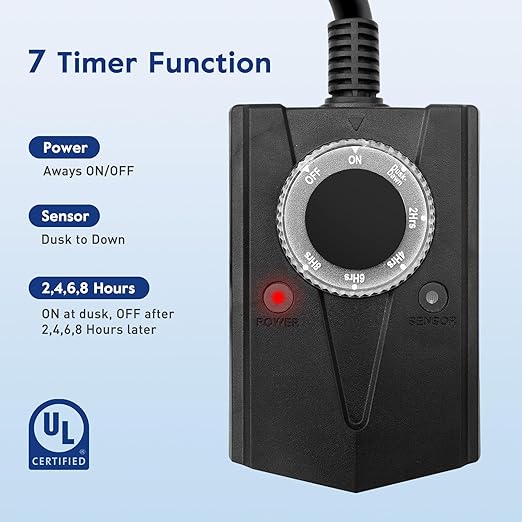 Brightown Outdoor Light Sensor Timer Waterproof, Mechanical Plug in Timer Switch, Outdoor Light Timers for Electrical Outlets, 2 Grounded Electrical Outlets for Christmas String Lights, Lighting Decor
