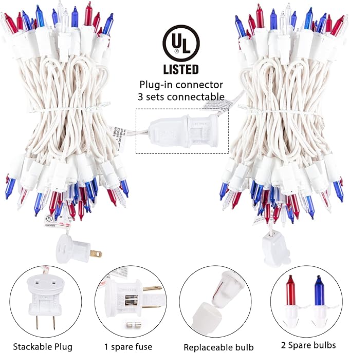 4th of July Decoration Patriotic Mini Lights - 200 Count 50 Feet Red White Blue Incandescent Bulb Waterproof String Lights Plug in for Indoor Outdoor Christmas Party Patio Independence Day Decoration