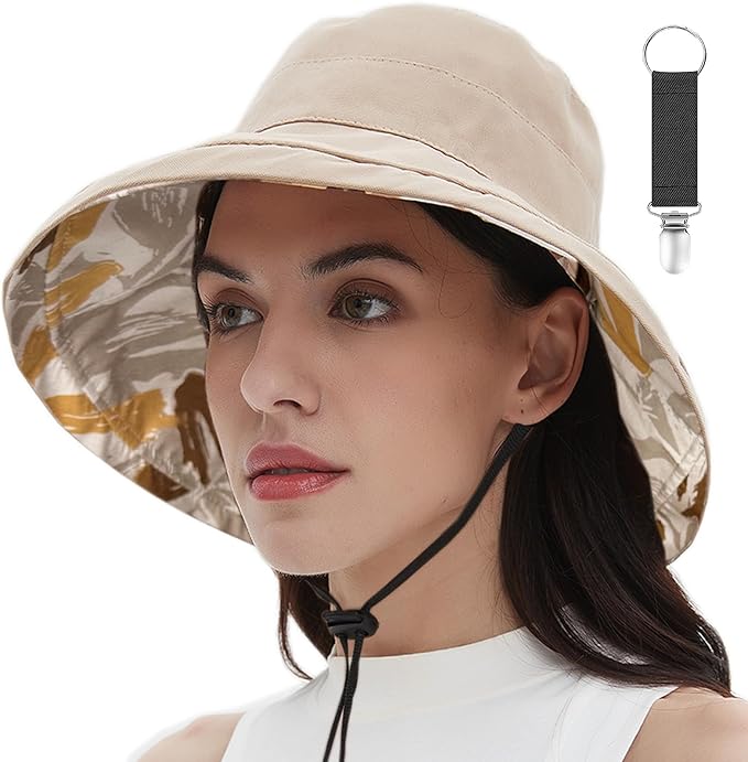 vidsel Womens Sun Hats Wide Brim Reversible Bucket Cotton Hat Packable Summer Travel Cap with Hat Clip,UV Protection