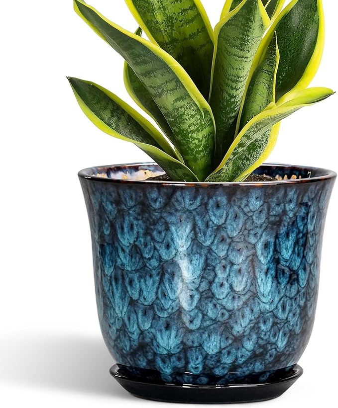 8 Inch Plant Pot - Ceramic Planter for Indoor Outdoor, Round Planter with Drainage Hole and Saucer, Modern Planters, Flower Pots, Apartment Porch Room Home Decor, Gardening Gifts, Blue