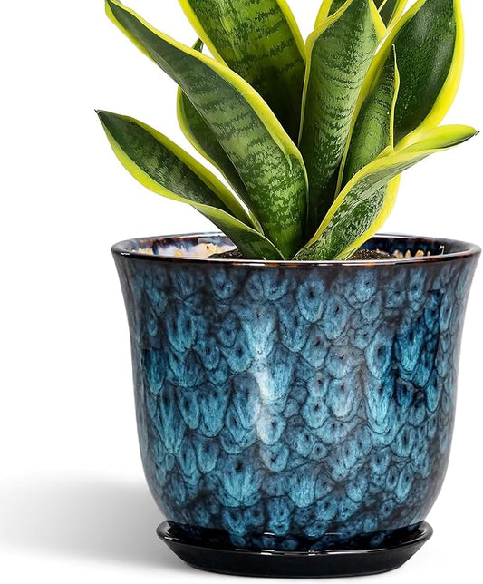 8 Inch Plant Pot - Ceramic Planter for Indoor Outdoor, Round Planter with Drainage Hole and Saucer, Modern Planters, Flower Pots, Apartment Porch Room Home Decor, Gardening Gifts, Blue