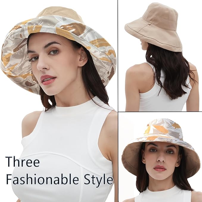 vidsel Womens Sun Hats Wide Brim Reversible Bucket Cotton Hat Packable Summer Travel Cap with Hat Clip,UV Protection