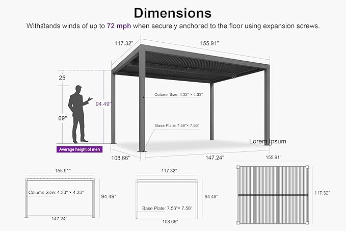 PURPLE LEAF Louvered Pergola 10' x 13' Outdoor Retractable Modern Hardtop Full Aluminum Pergola with Adjustable Rainproof Roof and 36 Clear LED String Lights for Patio Deck Backyard Slate Grey