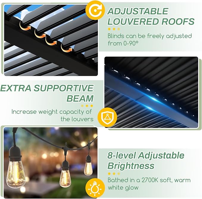 LVUYOYO Outdoor Louvered Pergola 10' x 13' with LED String Lights, Aluminum Pergola with Adjustable Roof, Waterproof Metal Gazebo for Patio, Backyard, Garden, Deck (10x13FT with Lights)