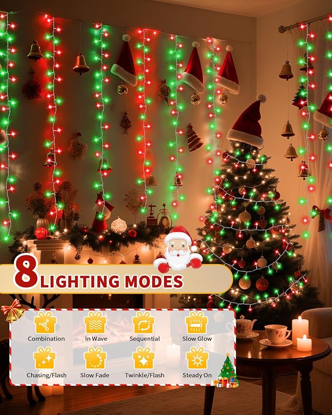 1200 LED 403FT Christmas Lights String Outdoor Indoor, Red Green Xmas Tree Lights, Plug in Twinkle Fairy Light with Remote Timer Dimmable for Room Yard Holiday Party Wedding Camping Decor