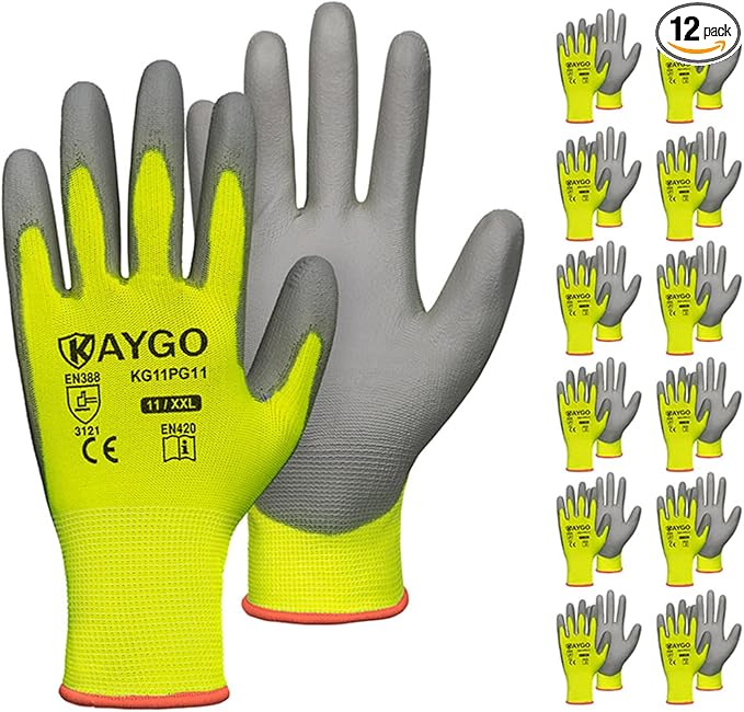 KAYGO Safety Work Gloves PU Coated-12 Pairs, KG11PB, Seamless Knit Glove with Polyurethane Coated Smooth Grip on Palm & Fingers, for Men and Women, Ideal for General Duty Work (XX-Large, Green)
