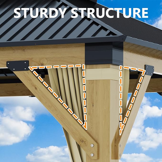 11x13FT Wood Gazebo, Outdoor Wooden Gazebo with Galvanized Steel Double Roof, Hardtop Gazebos for Garden, Patio, Deck, Backyard (w/Beige Curtain &Netting)