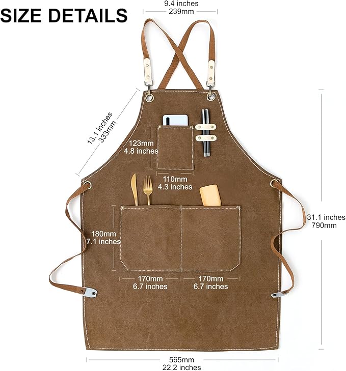 Cotton Canvas Cross Back Apron for Art Painting Garden Chef Bartender Work,Women Men 3 Pockets Waterproof Adjustable M-XXL