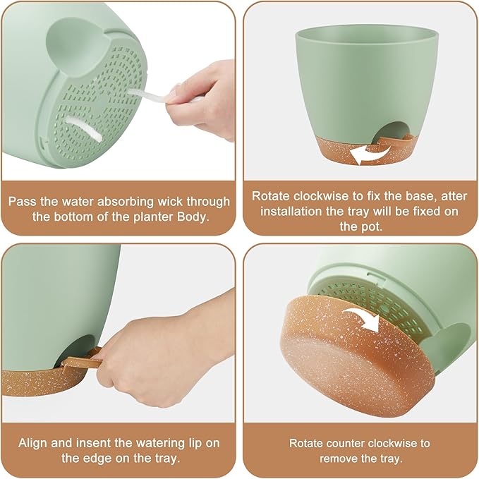 Plant Pots 8/7/6.5/6/5.5/5 Inch Self Watering Pots, Set of 6 Plastic Planters with Drainage Holes and Saucers,Plastic Flower Pots,Nursery Planting Pot for Indoor Out Door Plants（Green）