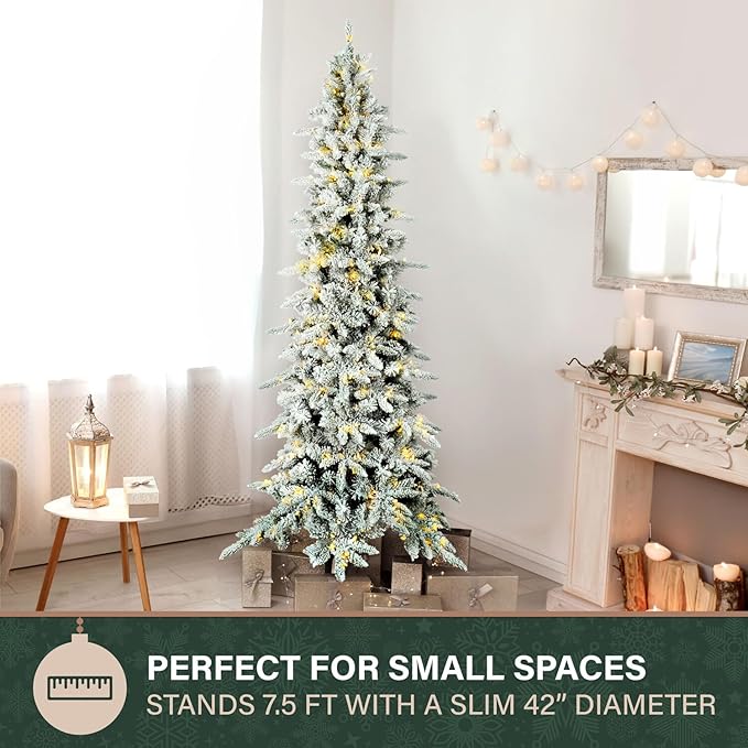 Fraser Hill Farm 7.5-Ft Slim Mountain Pine Flocked Artificial Christmas Tree with Dual Multicolor & White LED Lights & Stand, Prelit Skinny Fake Tree with Realistic Snowy Foliage, Home Holiday Décor
