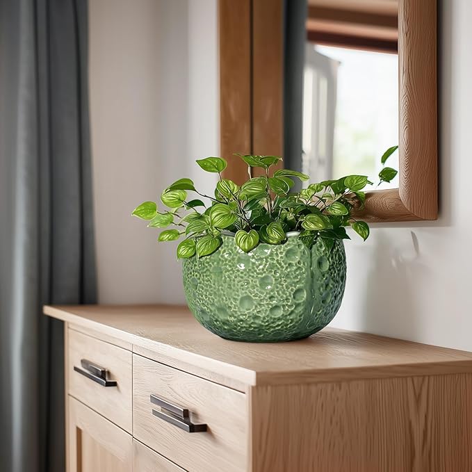 8 Inch Plant Pot - Ceramic Pots for Plants with Drainage Hole, Round Decorative Plant Pots for Indoor Outdoor, Modern Unique Flower Pot, Office Decor, Garden Gifts, Green