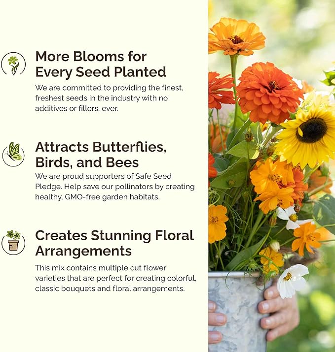 Eden Brothers Sunset Flower Mixed Seeds for Planting, 1/4 lb, 120,000+ Seeds with Cosmos, Zinnia, Sunflower, Corn Marigold, Attracts Pollinators, Plant in Spring or Fall, Zones 3, 4, 5, 6, 7, 8, 9, 10